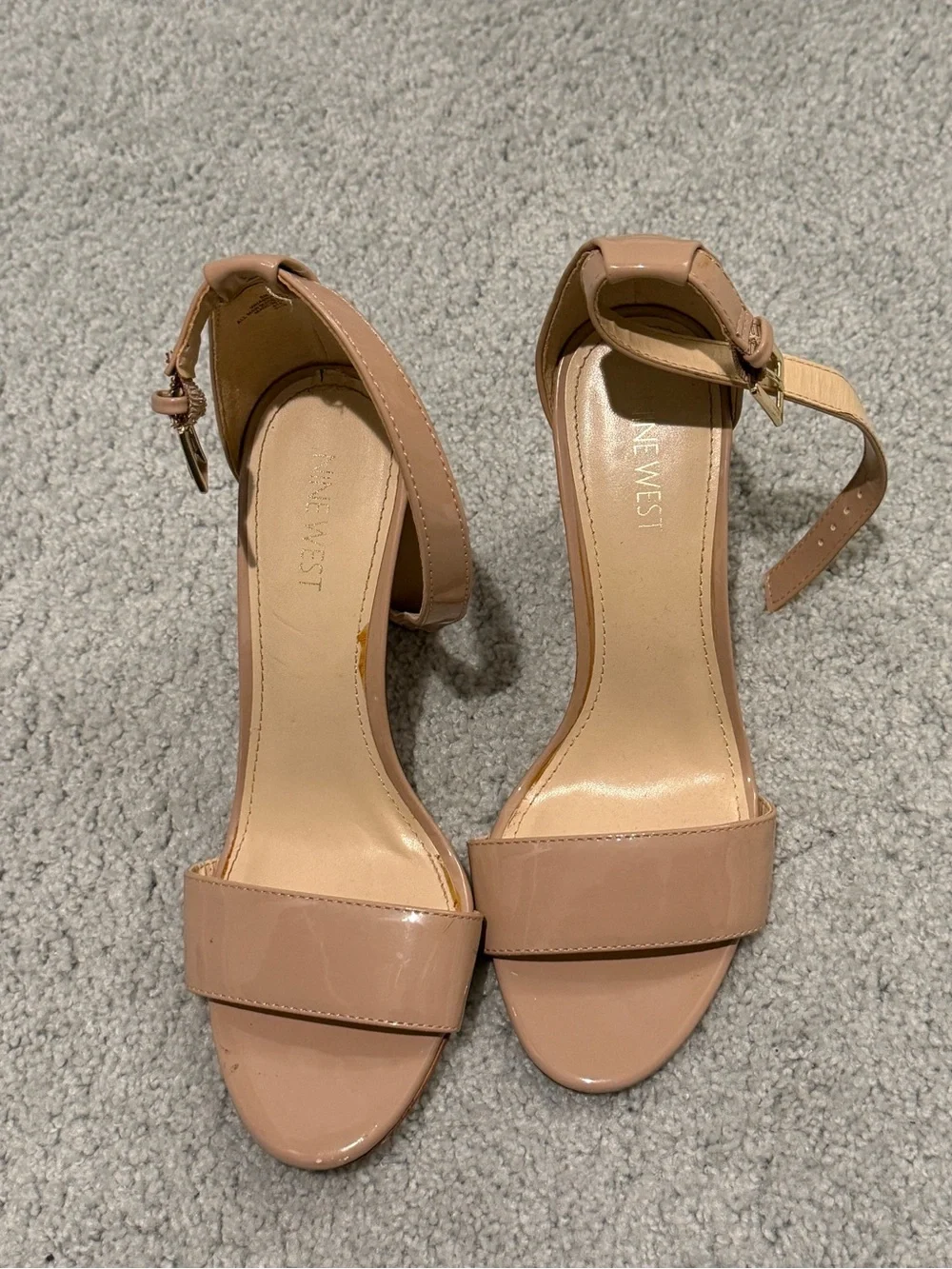 Nine West Nude Patent Ankle-Strap Block Heel Sandals